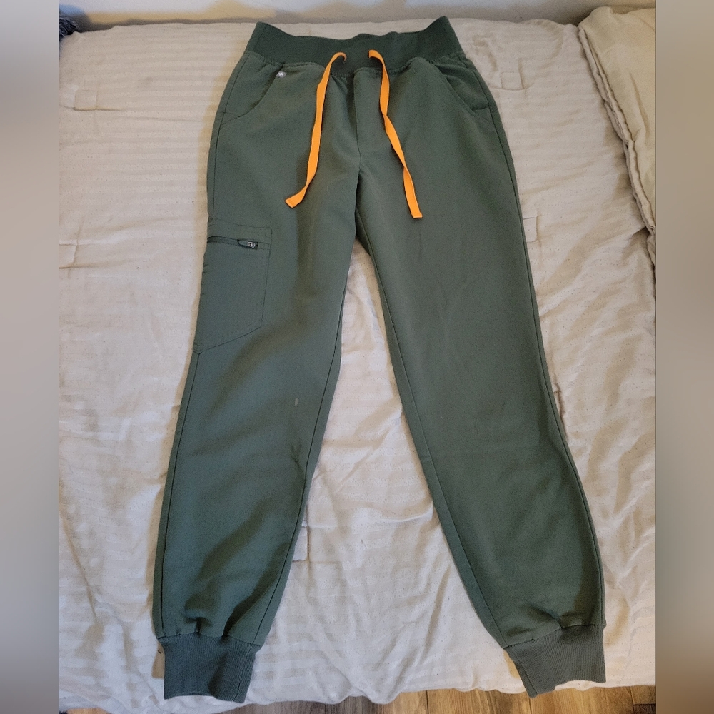 Figs Olive Green Scrub Joggers with Orange Drawstring